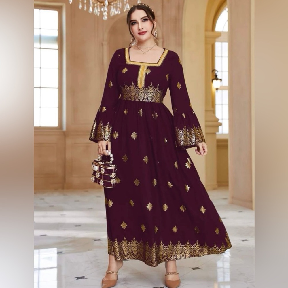 Arabic/Indian Golden Floral Trumpet Sleeve Dress, US Sizes 20 - 22 Maroon Color
